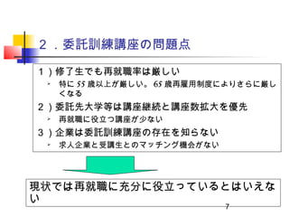 2 ．委託訓練講座の問題点

１）修了生でも再就職率は厳しい
    特に 55 歳以上が厳しい。 65 歳再雇用制度によりさらに厳し
     くなる
２）委託先大学等は講座継続と講座数拡大を優先
    再就職に役立つ講座が少ない
３）企業は委託訓練講座の存在を知らない
    求人企業と受講生とのマッチング機会がない




現状では再就職に充分に役立っているとはいえな
い
                             7
 