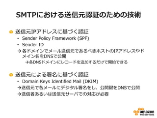14
コンテンツの問題
• メールレシーバーは、スパム送信者の悪意のある通信
（フィッシング、マルウェア、ウィルス拡散、詐欺等）
を防ぐために、堅牢なコンテンツフィルタを実装
• コンテンツの特性がスパムに似ていると判断された場合
は、受信トレイとは別のところに配信される
 