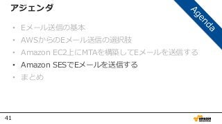 41
アジェンダ
• Eメール送信の基本
• AWSからのEメール送信の選択肢
• Amazon EC2上にMTAを構築してEメールを送信する
• Amazon SESでEメールを送信する
• まとめ
 