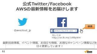 61
公式Twitter/Facebook
AWSの最新情報をお届けします
@awscloud_jp
検索
最新技術情報、イベント情報、お役⽴ち情報、お得なキャンペーン情報などを
⽇々更新しています！
もしくは
http://on.fb.me/1vR8yWm
 