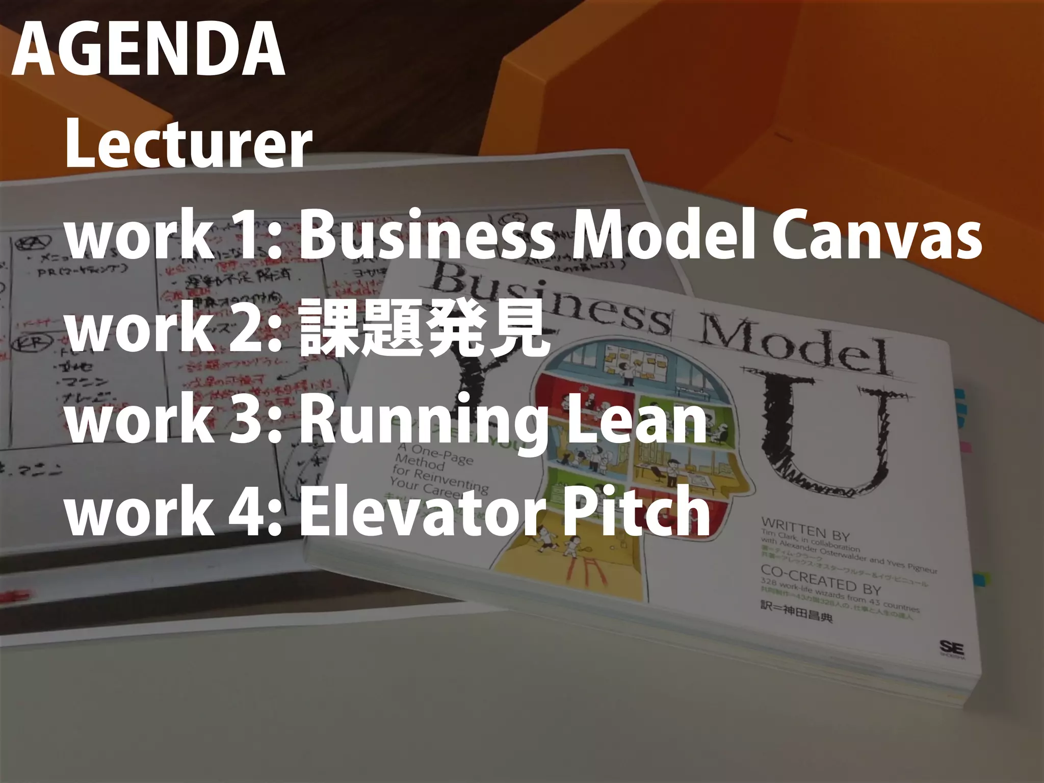 AGENDA
 Lecturer
 work 1: Business Model Canvas
 work 2: 課題発見
 work 3: Running Lean
 work 4: Elevator Pitch
 