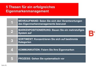 5 Thesen für ein erfolgreiches
Eigenmarkenmanagement

1
2

MARKENPOSITIONIERUNG: Bauen Sie ein mehrstufiges
System auf

3

SORTIMENT: Konzentrieren Sie sich auf bestimmte
Kategorien

4

KOMMUNIKATION: Feiern Sie Ihre Eigenmarken

5
Seite 36

MEHRAUFWAND: Seien Sie sich den Verantwortungen
des Eigenmarkenmanagements bewusst

PROZESS: Gehen Sie systematisch vor

 