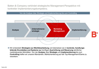 Batten & Company verbindet strategische Management-Perspektive mit
konkreter Implementierungskompetenz.
Von der Analyse über Strategie und Implementierung bis zum Controlling

Analyse

Unternehmensstrategie

Marketing
Management

Implementierung

 Wir entwickeln Strategien zur Marktbearbeitung und übersetzen sie in konkrete, handlungsleitende Grundsätze und Systeme zur künftigen Ausrichtung und Steuerung sämtlicher
marktrelevanter Aktivitäten. Von der Analyse über Strategie und Implementierung bis zum
Controlling helfen wir unseren Mandanten, Marktorientierung auf der Top-Management-Ebene zu
verankern.

Seite 60

 