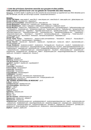 Liste des principaux domaines associés aux groupes et sites publiés.
Cette précision permet d’avoir une vue globale de l’ensemble des sites mesurés.
Remarque : la mention étoile (*) signifie que le site comporte des sous-domaines qui appartiennent aux URLS déclarées par le
site. Par exemple, une URL se lit de la façon suivante : sousdomaine.domaine.fr.

Groupes :
Groupe 1997 Media : www.zapiks.fr ; www.26in.fr ; www.skipass.com ; www.fluofun.fr ; www.zapiks.com ; global.skipass.com
Groupe Hi Media : jeuxvideo.com ; blogorama.fr
Groupe Les Inrockuptibles : www.lesinrocks.com ; www.cqfd.com
Groupe MediasActu : radioactu.com ; musicactu.com ; showbizactu.com ; 1onair.net
Groupe MeltyNetwork : melty.fr, meltystyle.fr, meltyfashion.fr, meltybuzz.fr, meltyfood.fr, fan2.fr
Groupe Moniteur : *batiprix.com ; *batiproduits.com ; *courrierdesmaires.com ; *courrierdesmaires.fr ; *editionsdumoniteur.com
; *emploipublic.fr ; *enerpresse.com ; *entrepreneur-expert.com ; *equipment-center.com ; *batitextes.com ; *groupemoniteur.fr ;
*lagazettedescommunes.com ; *lagazette.fr ; *lagazette-sante-social.com ; *gazette-sante-social.fr ; *lemoniteur-emploi.com ;
*lemoniteur-expert.com ; *librairiedumoniteur.com ; *marchesonline.com ; *operationsimmobilieres.com ; *mapaonline.fr ;
*batiproduits-maison.com ; *lemoniteur.fr ; *ame1901.fr ;*carrieres-publiques.com ; *infosport.org ; *metier-securite.fr ;
*modeles-experts.com ; *technicites.fr ; *territorial.fr ; *territorial-recrutement.fr ; *tessolidaire.com
Groupe PAP : pap.fr
Groupe Radio France : *radiofrance.fr ; players.tv-radio.com/radiofrance ; franceinfo.fr ; lemouv.fr ; franceculture.fr ;
franceinter.fr ; fipradio.fr ; francemusique.fr ; francebleu.fr
Groupe Skyrock : skyrock.com ; skyrock.fm ; tasante.com ; tropmalin.com ; bonbiz.net ; ladiz.fr ; skyrockmobile.com ;
skyrockmessager.com
Groupe Studyrama : studyrama-vocatis.fr ; studyrama.tv ; formaguide.com ; focusrh.com ; vocatis.fr ; kiosketudiant.com ;
guidedesbachelors.fr ; studyrama.ch ; osezunegrandecole.com ; sosprepas.com ; focusfi.fr ; observatoiredesclassements.com ;
suisjebienpaye.fr ; sosprepas.com ; workinfrance.com ; vivrealetranger.studyrama.com ; bankexam.fr ; studyrama-voyages.com
; studyrama-fp.com ; studyrama-emploi.com ; studyrama-budget.com ; focusha.fr ; fiches-recettes.com ; studyrama.com ;
studyrama.be ; studyparents.com ; jeunedip.com ; keek.fr ; studyrama-jobs.com ; studyramagrandesecoles.com ; studyrama-
nights.com ; formation.fr ; mapiaule.com ; focusco.fr

Sites :
Alouette.fr : alouette.fr
Booska-p : booska-p.com
Cité des Sciences : cite-sciences.fr
equidia.fr : equidia.fr ; equidia.com ; equidiawatch.fr
FIP : fipradio.fr
France Bleu : francebleu.fr
France Culture : franceculture.fr
France Info : franceinfo.fr
France Inter : franceinter.fr
France Musique : francemusique.fr
FUNRADIO.fr : funradio.fr
Gentside : gentside.com, chronofoot.com, maxisciences.com
Jeuxactu.com : jeuxactu.com ; cinema.jeuxactu.com ; musique.jeuxactu.com
Jeuxvideo.com : jeuxvideo.com
JIM "JOURNAL INTERNATIONAL DE MEDECINE" : jim.fr
le Mouv' : lemouv.fr
lepetitjournal.com : lepetitjournal.com
Les Inrockuptibles : lesinrocks.com
Melty.fr : melty.fr
Pap.fr : pap.fr
Playtv.fr : playtv.fr
RadioActu : radioactu.com
RTL.fr : rtl.fr
RTL2.fr : rtl2.fr
Site des marques : sitedesmarques.com
Skipass.com : skipass.com ; skipass.fr
Skyrock.com : skyrock.com
studyrama.com : studyrama-emploi.com ; guidedesbachelors.fr ; studyramagrandesecoles.com ; keek.fr ; studyrama-jobs.com
; studyrama.be ; kiosketudiant.com ; osezunegrandecole.com ; studyrama-voyages.com ; sosprepas.com ; studyrama-fp.com ;
studyrama.com ; studyrama-nights.com ; studyrama-budget.com ; formation.fr ; mapiaule.com ; bankexam.fr ; jeunedip.com ;
studyrama.ch ; fiches-recettes.com ; studyparents.com ; studyrama.tv ; observatoiredesclassements.com
Zapiks.fr : zapiks.fr ; zapiks.com




Source : Classement CybereStat – Janvier 2013 - Copyright Médiamétrie-eStat - Tous droits réservés                          3/4
 