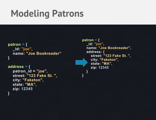 Modeling Patrons

                             patron = {
patron = {                     _id: "joe",
  _id: "joe",                  name: "Joe Bookreader",
                               address: {
  name: "Joe Bookreader”
                                  street: "123 Fake St. ",
}                                 city: "Faketon",
                                  state: "MA",
address = {                       zip: 12345
  patron_id = "joe",           }
  street: "123 Fake St. ",   }
  city: "Faketon",
  state: "MA",
  zip: 12345
}
 