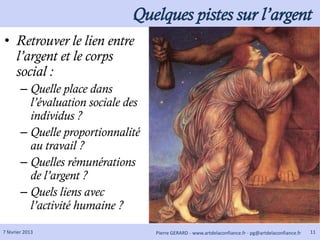 Quelques pistes sur l’argent
• Retrouver le lien entre
  l’argent et le corps
  social :
        – Quelle place dans
          l’évaluation sociale des
          individus ?
        – Quelle proportionnalité
          au travail ?
        – Quelles rémunérations
          de l’argent ?
        – Quels liens avec
          l’activité humaine ?
7 février 2013                       Pierre GERARD - www.artdelaconfiance.fr - pg@artdelaconfiance.fr   11
 