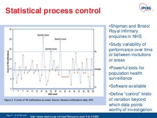 Statistical process control
                                                                              •Shipman and Bristol
                                                                              Royal Infirmary
                                                                              enquiries in NHS
                                                                              •Study variability of
                                                                              performance over time
                                                                              or between insitutions
                                                                              or areas
                                                                              •Powerful tools for
                                                                              population health
                                                                              surveillance
                                                                              •Software available
                                                                              •Define “control” limits
                                                                              of variation beyond
                                                                              which data points
                                                                              worthy of investigation
Page 27 - © IPCRG 2007
                  2008
                         http://www.erpho.org.uk/viewResource.aspx?id=14882
 