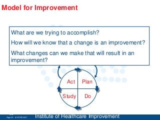 Model for Improvement


     What are we trying to accomplish?
     How will we know that a change is an improvement?
     What changes can we make that will result in an
     improvement?


                                       Act   Plan

                                     Study    Do


    32
 Page 32 - © IPCRG 2007   Institute of Healthcare Improvement
 