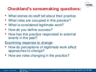 Checkland’s sensemaking questions:
 • What stories do staff tell about their practice
 • What roles are occupied in this practice?
 • What is considered legitimate work?
 • How do you define success?
 • How has this practice responded to external
   events in the past?
 Examining response to change:
 • How do perceptions of legitimate work affect
   approaches to change?
 • How are roles changing in the practice?


Page 35 - © IPCRG 2007
                  2008   Checkland K. B Understanding general practice:a conceptual framework developed from case studies in the UK NHS
 