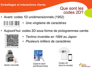 Emballages et interactions clients
                                              Que sont les
                                               codes 2D?
• Avant: codes 1D unidimensionnels (1952)
                    • Une vingtaine de caractères

• Aujourd’hui: codes 2D sous forme de pictogrammes carrés
                    • Techno inventée en 1994 au Japon
                    • Plusieurs milliers de caractères




                          Capture laser      Codes 2d
  Saisie manuelle         (professionnels)   (tout le monde)
 