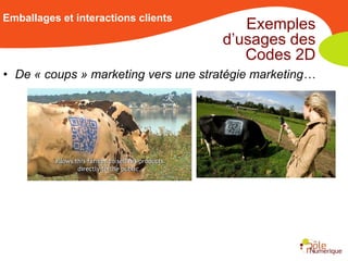 Emballages et interactions clients
                                        Exemples
                                     d’usages des
                                        Codes 2D
• De « coups » marketing vers une stratégie marketing…
 