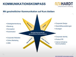 KOMMUNIKATIONSKOMPASS

Mit ganzheitlicher Kommunikation auf Kurs bleiben




   Strategieentwicklung                                                               Corporate Design



                          K
                           om




                                                       n
                              pe




                                                    ig
   Beratung                                                                           Geschäftsausstattungen




                                                  es
                                 ten




                                                 D
                                    z
   Konzeption                                                                         Anzeigen
   Koordination
                                 Disziplinübergreifende
                              ganzheitliche Kommunikation

                                                                                      Corporate Identity
   Corporate Websites                           Pu
                                     n
                                 ie


                                                     bl                               Product PR
                                                          ic
                               ed




   Online Marketing                                            Re
                              M




                                                                    la t
                              e




                                                                                     Interne & Externe
                           eu




                                                                           io
   CMS                                                                          ns
                          N




                                                                                     Kommunikation




                                                                                     © 2013 NEUHARDT communications consulting
 