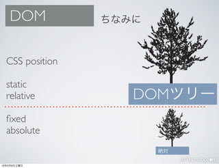 DOM           ちなみに



  CSS position

  static
  relative          DOMツリー
  ﬁxed
  absolute
                        絶対

13...