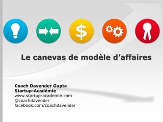 Le canevas de modèle d’affaires


Coach Davender Gupta
Startup-Académie
www.startup-academie.com
@coachdavender
facebook.com/coachdavender
 