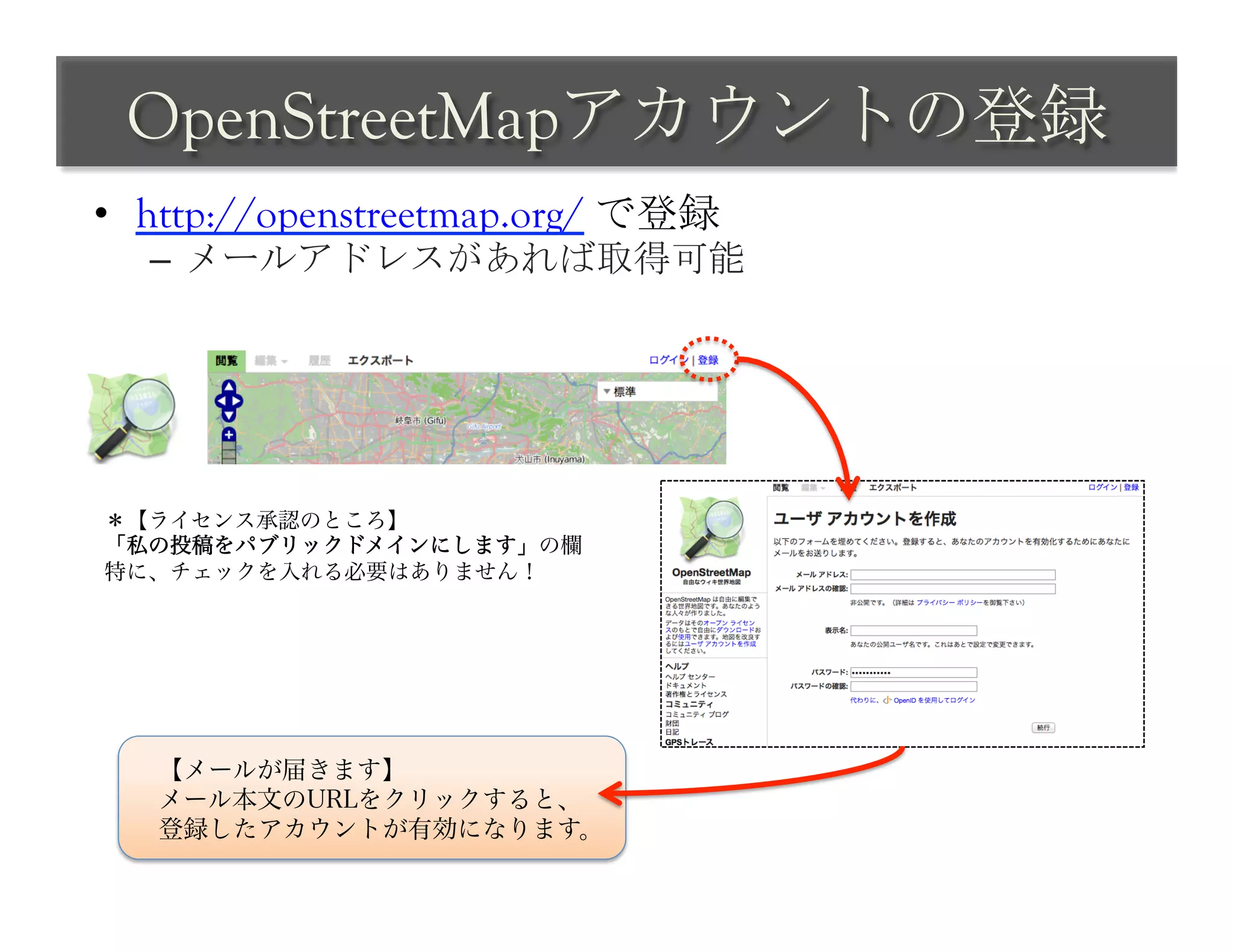 OpenStreetMapアカウントの登録	
 
•  http://openstreetmap.org/ で登録
  –  メールアドレスがあれば取得可能	
 




＊【ライセンス承認のところ】
「私の投稿をパブリックドメインにします」の欄
特に、チェックを入れる必要はありません！




   【メールが届きます】
   メール本文のURLをクリックすると、
   登録したアカウントが有効になります。
 