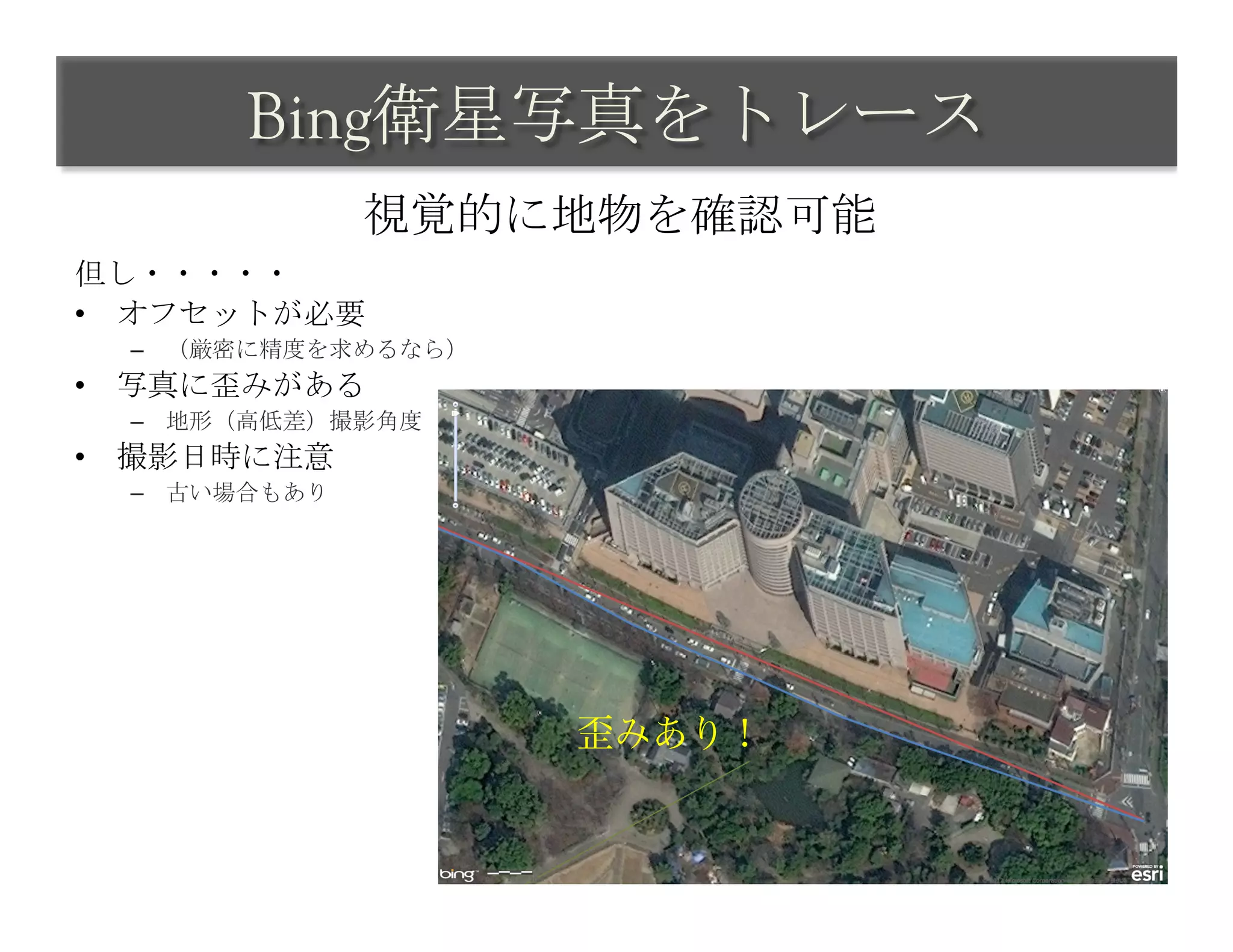 Bing衛星写真をトレース	
 
                  視覚的に地物を確認可能	
 
但し・・・・・
•  オフセットが必要
  –  （厳密に精度を求めるなら）
•  写真に歪みがある
  –  地形（高低差）撮影角度
•  撮影日時に注意
  –  古い場合もあり	
 




                       歪みあり！
 
