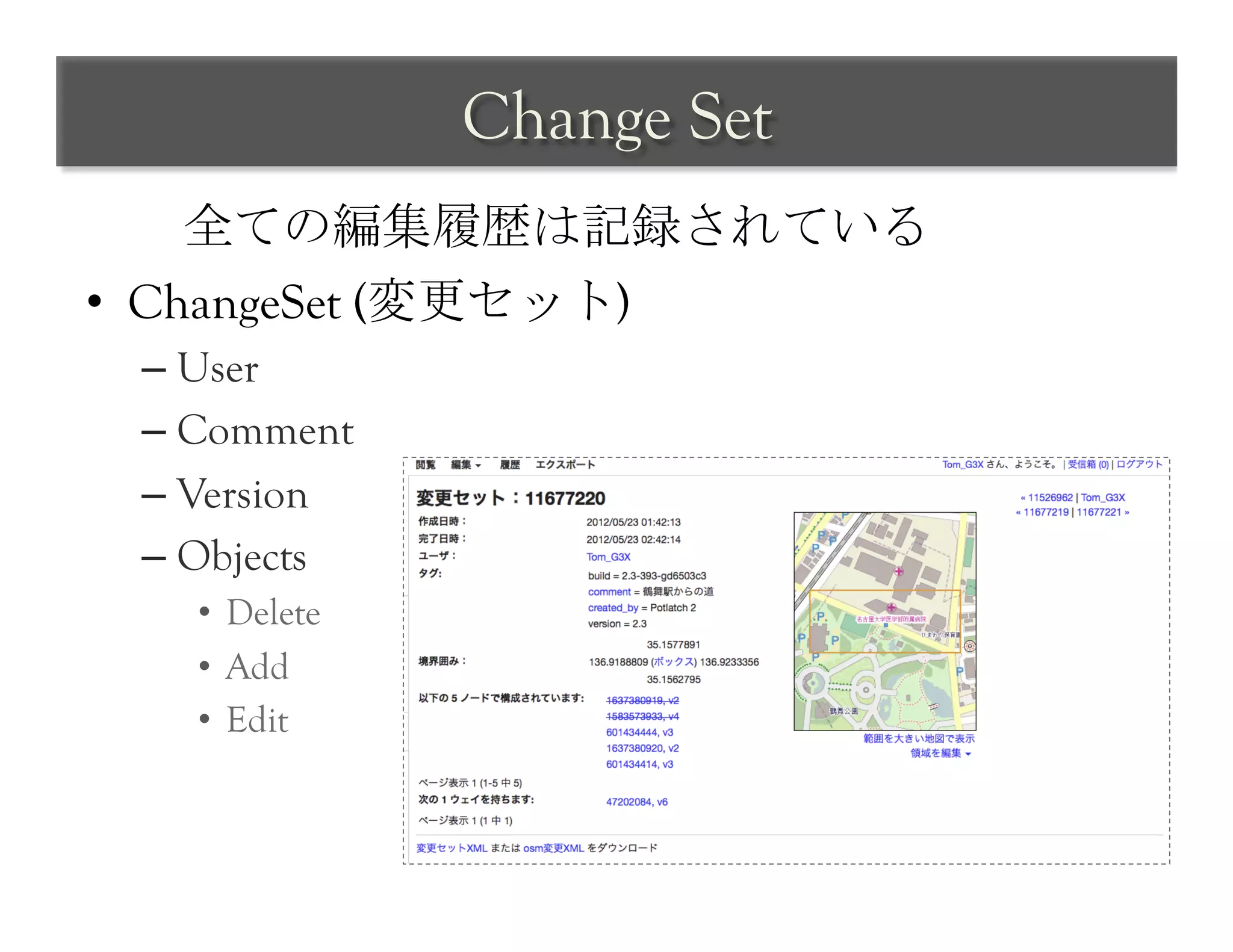 Change Set	
 
   全ての編集履歴は記録されている	
 
•  ChangeSet (変更セット)
  –  User
  –  Comment
  –  Version
  –  Objects
    •  Delete
    •  Add
    •  Edit	
 
 
