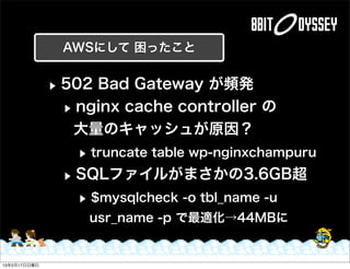 AWSにして 困ったこと


              ▶502 Bad Gateway が頻発
               ▶ nginx cache controller の
                大量のキャッシュが原因？
 ...