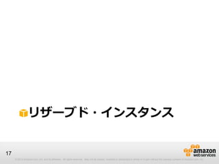 リザーブド・インスタンス


17
     © 2013 Amazon.com, Inc. and its affiliates. All rights reserved. May not be copied, modified or distributed in whole or in part without the express consent of Amazon.com, Inc.
 