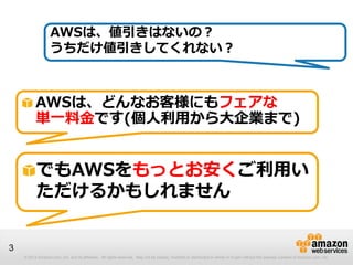 AWSは、値引きはないの？
                  うちだけ値引きしてくれない？



          AWSは、どんなお客様にもフェアな
          単一料金です(個人利用から大企業まで)


           でもAWSをもっとお安くご利用い
           ただけるかもしれません


3
    © 2013 Amazon.com, Inc. and its affiliates. All rights reserved. May not be copied, modified or distributed in whole or in part without the express consent of Amazon.com, Inc.
 