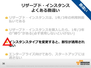 リザーブド・インスタンス
                                        よくある勘違い
          リザーブド・インスタンスは、1年/3年の利用料前
          払いである

          リザーブド・インスタンスを購入したら、1年/3年
          の”縛り”がある(必ず使用しないといけない)


△         インスタンスタイプを変更すると、割引が適用され
          ない

          エンタープライズ向けであり、スタートアップには
          適さない
36
     © 2013 Amazon.com, Inc. and its affiliates. All rights reserved. May not be copied, modified or distributed in whole or in part without the express consent of Amazon.com, Inc.
 
