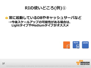 RIの使いどころ(例)①

          常に起動しているDBやキャッシュサーバなど
          →今後スケールアップの可能性がある場合は、
           LightタイプやMediumタイプがオススメ




37
     © 2013 Amazon.com, Inc. and its affiliates. All rights reserved. May not be copied, modified or distributed in whole or in part without the express consent of Amazon.com, Inc.
 