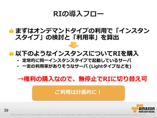 RIの導入フロー

          まずはオンデマンドタイプの利用で「インスタン
          スタイプ」の検討と「利用率」を算出

          以下のようなインスタンスについてRIを購入
             • 定常的に同一インスタンスタイプで起動しているサーバ
             • 一定の利用率がありそうなサーバ (Lightタイプなどを)


             →権利の購入なので、無停止でRIに切り替え可

                                                              ご利用は計画的に！


39
     © 2013 Amazon.com, Inc. and its affiliates. All rights reserved. May not be copied, modified or distributed in whole or in part without the express consent of Amazon.com, Inc.
 