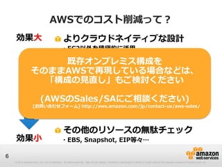 AWSでのコスト削減って？
    効果大                                         よりクラウドネイティブな設計
                                              ・EC2以外を積極的に活用
                                              ・インスタンスタイプの最適化
                                               既存オンプレミス構成を
                                              ・スタンバイ機の見直し
                  そのままAWSで再現している場合などは、
                    「構成の見直し」もご検討ください
                      割引の活用
                          ・リザーブド・インスタンス
                     (AWSのSales/SAにご相談ください)
                          ・スポット・インスタンス
                   [お問い合わせフォーム] http://aws.amazon.com/jp/contact-us/aws-sales/
                          ・Cloudfrontの予約容量


                                                その他のリソースの無駄チェック
    効果小                                       ・EBS, Snapshot, EIP等々…

6
    © 2013 Amazon.com, Inc. and its affiliates. All rights reserved. May not be copied, modified or distributed in whole or in part without the express consent of Amazon.com, Inc.
 