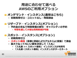 用途に合わせて選べる
                                        AWSのご利用オプション
          オンデマンド・インスタンス(通常はこちら)
             • 初期費用ゼロ・コミットなし・時間課金

          リザーブド・インスタンス(オプション)
             • 予約金の支払で時間単価の割引・キャパシティの予約
                       • 年間を通して大幅な費用削減が可能

          スポット・インスタンス(オプション)
             • 初期費用ゼロ
             • スポット価格（需要と供給によりリアルタイムに変動）で課金
             • 最大で払ってもいい額を決定して「入札」
                       • 「入札額 >= スポット価格」 インスタンスが利用可
                       • 「入札額＜スポット価格」インスタンスがターミネート

80
     © 2013 Amazon.com, Inc. and its affiliates. All rights reserved. May not be copied, modified or distributed in whole or in part without the express consent of Amazon.com, Inc.
 