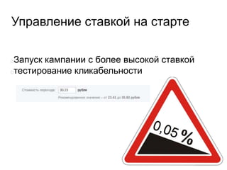Управление ставкой на старте
Запуск кампании с более высокой ставкой
тестирование кликабельности
 