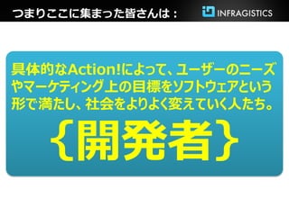 つまりここに集まった皆さんは：




具体的なAction!によって、ユーザーのニーズ
やマーケティング上の目標をソフトウェアという
形で満たし、社会をよりよく変えていく人たち。


 ｛開発者｝
 