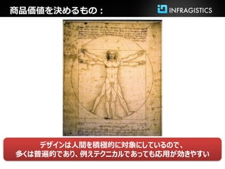 商品価値を決めるもの：




    デザインは人間を積極的に対象にしているので、
多くは普遍的であり、例えテクニカルであっても応用が効きやすい
 