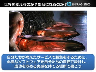 世界を変えるのか？部品になるのか？




自分たちが考えたサービスで勝負をするために、
必要なソフトウェアを自分たちの責任で設計し、
  成功を収める実感を持てる場所で働こう
 