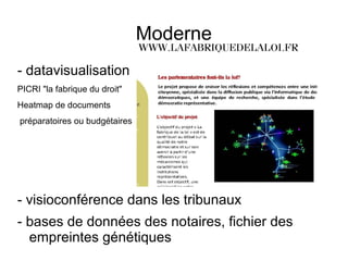 Moderne
- datavisualisation
PICRI "la fabrique du droit"
Heatmap de documents
préparatoires ou budgétaires




- visioconférence dans les tribunaux
- bases de données des notaires, fichier des
  empreintes génétiques
 