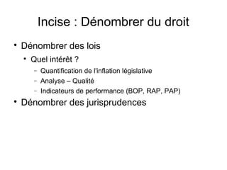 Incise : Dénombrer du droit

    Dénombrer des lois
    
        Quel intérêt ?
        −   Quantification de l'inflation législative
        −   Analyse – Qualité
        −   Indicateurs de performance (BOP, RAP, PAP)

    Dénombrer des jurisprudences
 