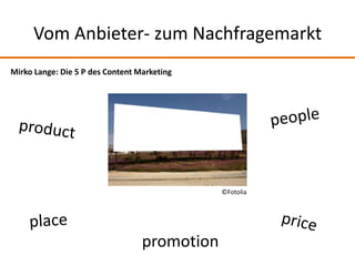 Vom Anbieter- zum Nachfragemarkt
Mirko Lange: Die 5 P des Content Marketing




                                              ©Fotolia




                                  promotion
 