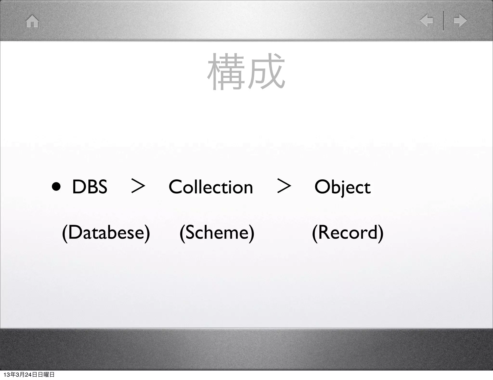 構成

         • DBS ＞ Collection ＞ Object
              (Databese)   (Scheme)   (Record)




13年3月24日日曜日
 