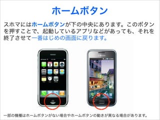ホームボタン
スホマにはホームボタンが下の中央にあります。このボタン
を押すことで、起動しているアプリなどがあっても、それを
終了させて一番はじめの画面に戻ります。




一部の機種はホームボタンがない場合やホームボタンの動きが異なる場合があります。
 