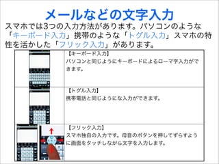 メールなどの文字入力
スマホでは3つの入力方法があります。パソコンのような
「キーボード入力」携帯のような「トグル入力」スマホの特
性を活かした「フリック入力」があります。
       【キーボード入力】
       パソコンと同じようにキーボードによるローマ字入力がで
       きます。



       【トグル入力】
       携帯電話と同じようにな入力ができます。




       【フリック入力】
       スマホ独自の入力です。母音のボタンを押してずらすよう
       に画面をタッチしながら文字を入力します。
 