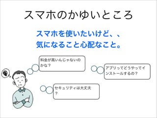 スマホのかゆいところ
 スマホを使いたいけど、、
 気になること心配なこと。
 料金が高いんじゃないの
 かな？
                 アプリってどうやってイ
                 ンストールするの？


    セキュリティは大丈夫
    ？
 