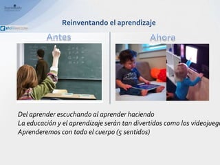 Reinventando el aprendizaje




Del aprender escuchando al aprender haciendo
La educación y el aprendizaje serán tan divertidos como los videojuego
Aprenderemos con todo el cuerpo (5 sentidos)
 
