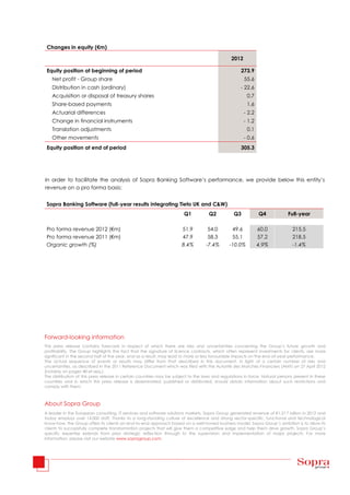 Changes in equity (€m)

                                                                                                2012

 Equity position at beginning of period                                                              273.9
   Net profit - Group share                                                                            55.6
   Distribution in cash (ordinary)                                                                   - 22.6
   Acquisition or disposal of treasury shares                                                           0.7
   Share-based payments                                                                                 1.6
   Actuarial differences                                                                               - 2.2
   Change in financial instruments                                                                     - 1.2
   Translation adjustments                                                                              0.1
   Other movements                                                                                     - 0.6
 Equity position at end of period                                                                    305.3




In order to facilitate the analysis of Sopra Banking Software’s performance, we provide below this entity’s
revenue on a pro forma basis:


 Sopra Banking Software (full-year results integrating Tieto UK and C&W)
                                                                       Q1           Q2           Q3            Q4            Full-year

 Pro forma revenue 2012 (€m)                                          51.9          54.0        49.6           60.0            215.5
 Pro forma revenue 2011 (€m)                                          47.9          58.3        55.1           57.2            218.5
 Organic growth (%)                                                   8.4%         -7.4%       -10.0%          4.9%            -1.4%




Forward-looking information
This press release contains forecasts in respect of which there are risks and uncertainties concerning the Group’s future growth and
profitability. The Group highlights the fact that the signature of licence contracts, which often represent investments for clients, are more
significant in the second half of the year, and as a result, may lead to more or less favourable impacts on the end-of-year performance.
The actual sequence of events or results may differ from that described in this document, in light of a certain number of risks and
uncertainties, as described in the 2011 Reference Document which was filed with the Autorité des Marchés Financiers (AMF) on 27 April 2012
(notably on pages 48 et seq.).
The distribution of this press release in certain countries may be subject to the laws and regulations in force. Natural persons present in these
countries and in which this press release is disseminated, published or distributed, should obtain information about such restrictions and
comply with them.



About Sopra Group
A leader in the European consulting, IT services and software solutions markets, Sopra Group generated revenue of €1.217 billion in 2012 and
today employs over 14,000 staff. Thanks to a long-standing culture of excellence and strong sector-specific, functional and technological
know-how, the Group offers its clients an end-to-end approach based on a well-honed business model. Sopra Group’s ambition is to allow its
clients to successfully complete transformation projects that will give them a competitive edge and help them drive growth. Sopra Group’s
specific expertise extends from prior strategic reflection through to the supervision and implementation of major projects. For more
information, please visit our website www.sopragroup.com.
 