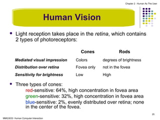 Chapter 2 : Human As The User

Human Vision


Light reception takes place in the retina, which contains
2 types of photoreceptors:
Cones

Rods

Mediated visual impression

degrees of brightness

Distribution over retina

Fovea only

not in the fovea

Sensitivity for brightness


Colors

Low

High

Three types of cones:
red-sensitive: 64%, high concentration in fovea area
green-sensitive: 32%, high concentration in fovea area
blue-sensitive: 2%, evenly distributed over retina; none
in the center of the fovea.
25

MMG3033 Human Computer Interaction

 