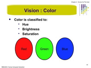 Chapter 2 : Human As The User

Vision : Color


Color is classified to:
 Hue
 Brightness
 Saturation

Red

Green

Blue

33
MMG3033 Human Computer Interaction

 