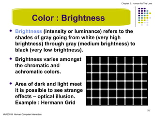 Chapter 2 : Human As The User

Color : Brightness


Brightness (intensity or luminance) refers to the
shades of gray going from white (very high
brightness) through gray (medium brightness) to
black (very low brightness).



Brightness varies amongst
the chromatic and
achromatic colors.



Area of dark and light meet
it is possible to see strange
effects – optical illusion.
Example : Hermann Grid
35

MMG3033 Human Computer Interaction

 