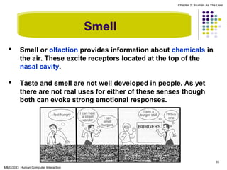 Chapter 2 : Human As The User

Smell


Smell or olfaction provides information about chemicals in
the air. These excite receptors located at the top of the
nasal cavity.



Taste and smell are not well developed in people. As yet
there are not real uses for either of these senses though
both can evoke strong emotional responses.

55
MMG3033 Human Computer Interaction

 