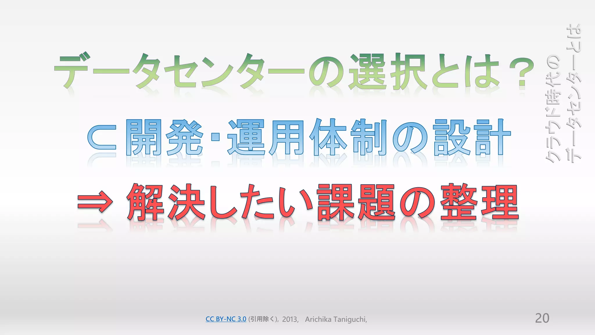 データセンターとは
                                                  クラウド時代の
CC BY-NC 3.0 (引用除く), 2013, Arichika Taniguchi,   20
 