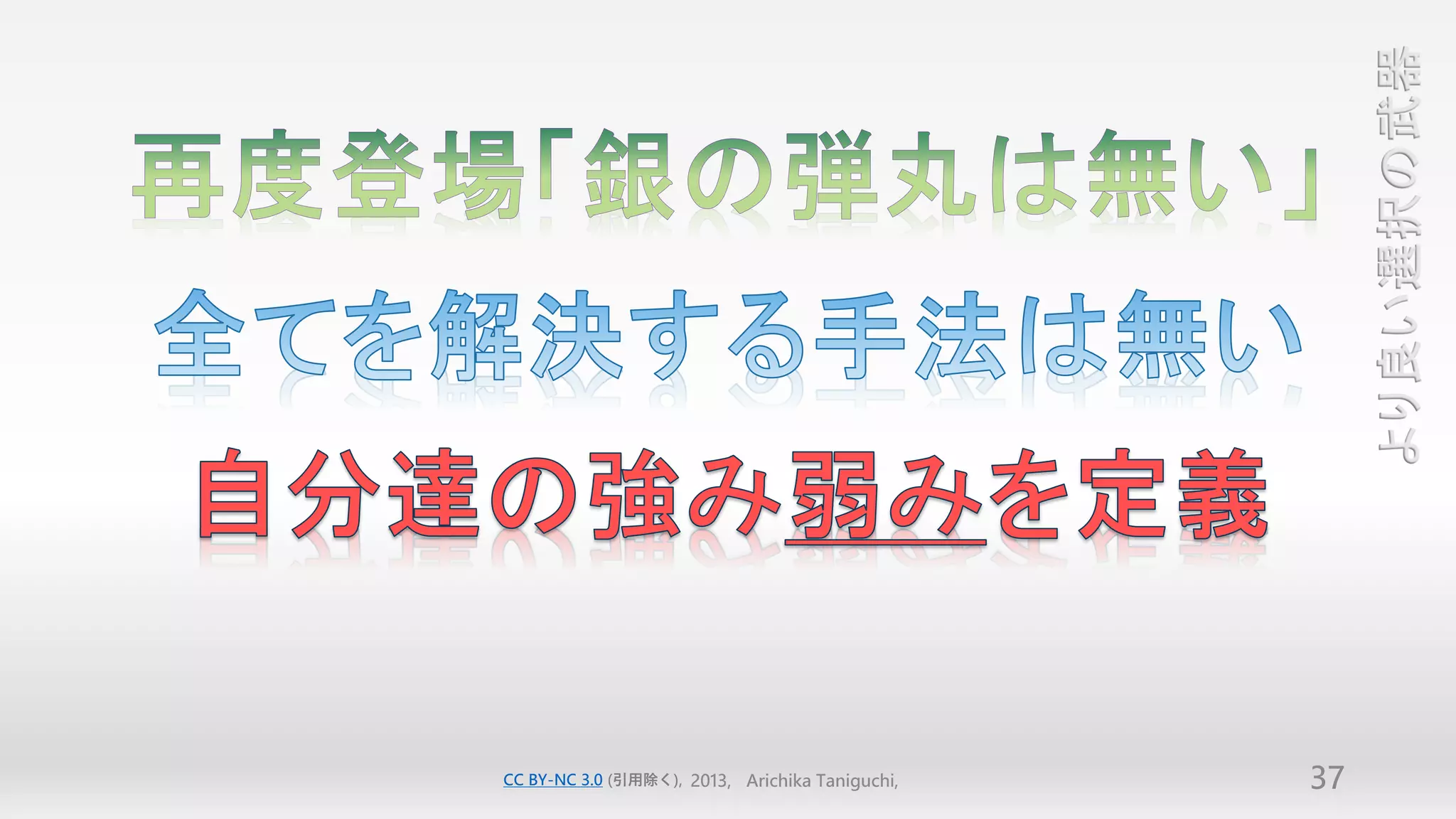 より良い選択の武器
CC BY-NC 3.0 (引用除く), 2013, Arichika Taniguchi,   37
 