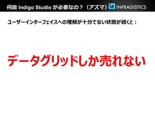 何故 Indigo Studio が必要なの？（アズマ）

ユーザーインターフェイスへの理解が十分でない状態が続くと：




データグリッドしか売れない
 