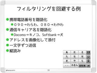 フィルタリングを回避する例

 携帯電話番号を隠語化
   ０９０→わらわ、０８０→わやわ
 通信キャリア名を隠語化
   Docomo→キノコ、Softbank→犬
 アドレスを画像化して添付
 一文字ずつ送信
 縦読み



@hanazukin         33
 